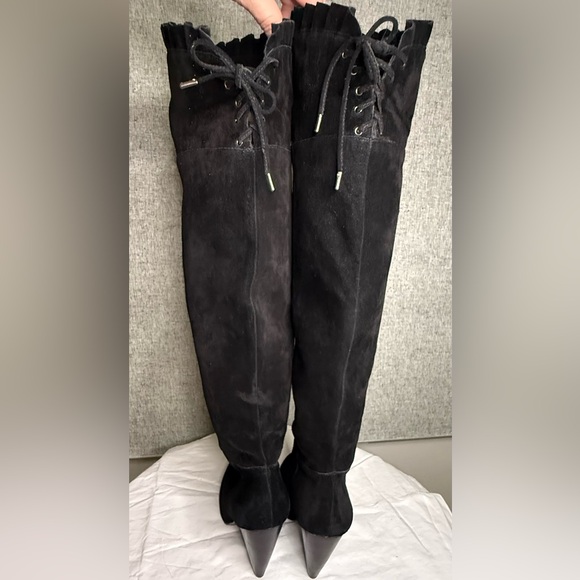 BCBG Generation Sanji Black Suede Over the Knee Lace Up Chunky Heel Boots 6 - Picture 1 of 11